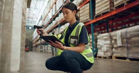Woman, tablet and box with scanner for logistics, pricing or inventory inspection at warehouse. Female person, employee or depot inspector scanning stock, parcel or package with technology for price - Powered by Adobe