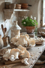 Rustic Kitchen Scene with Fresh Oyster Mushrooms on Wooden Table