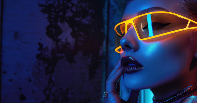 An artistic portrait of a woman with glowing neon glasses, highlighting features with blue and pink hues - Powered by Adobe