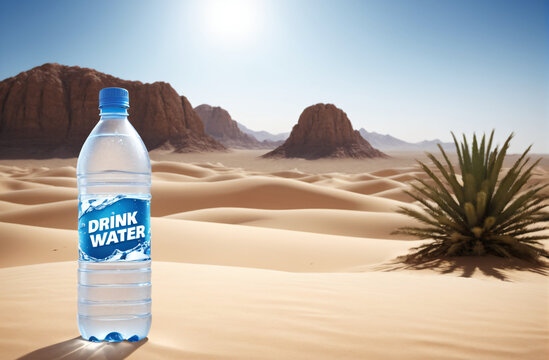 a bottle of water with a call to drink more water against the background of the desert, banner, poster