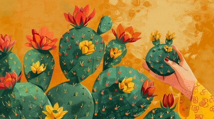 International Women's Day illustration with flowering cactus , symbolizing resilience and beauty in harsh conditions