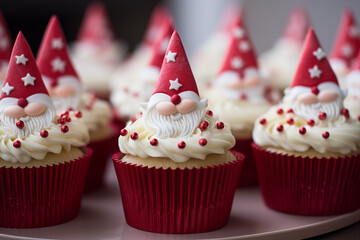 cupcakes pour les fêtes de fin d'année et Noël, avec un glaçage royal en forme de gnome (ou lutin) de Noël scandinave rouge et blanc. avec leur chapeau qui tombe sur leurs yeux - obrazy, fototapety, plakaty