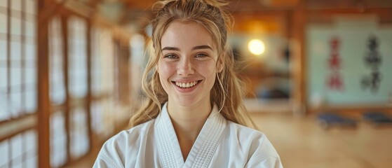 a dojo in the distance and a happy girl wearing a karate gi in a fighting position