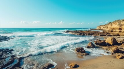 Fototapeta na wymiar Scenic beach landscape with waves and rocky shore.