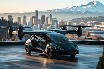 Futuristic autonomous air taxi on wet airport runway at dusk. 3D rendering of urban VTOL aircraft concept with reflection on ground