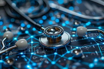 I've created an image that embodies the integration of healthcare and digital technology, featuring a stethoscope on a computer keyboard This composition vividly illustrates the merging of medical dia