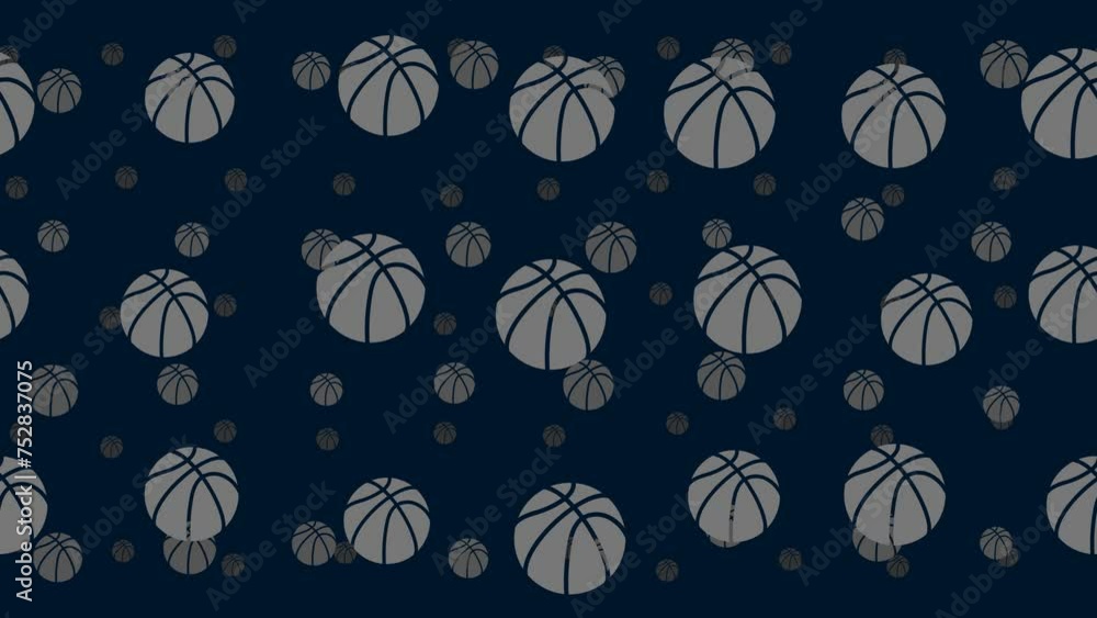 Poster basketball symbols float horizontally from left to right. parallax fly effect. floating symbols are 