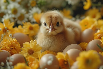 Baby chick in spring flowers.