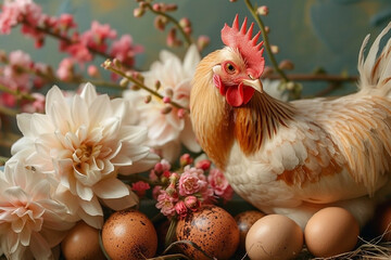 Cute chicken with eggs. Easter card. Happy easter.