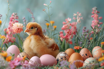 Baby chick in spring flowers.