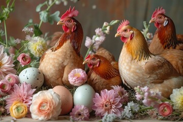 Cute chickens with eggs. Easter card. Happy easter.