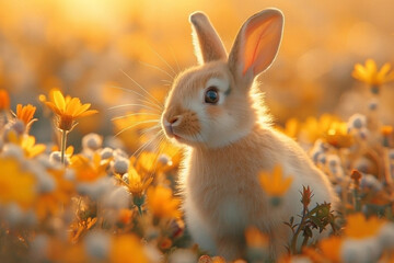 Cute rabbit in spring flowers. Happy easter.