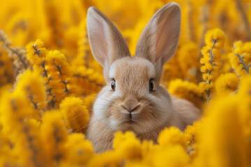 Cute rabbit in spring flowers