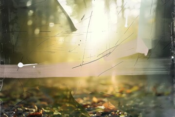 sun rays through the forest woth touches of watercolor splashes, nature background, A digital art piece depicting a serene forest scene, where green moss-covered trees are enshrouded in a soft, misty 