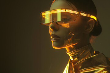 An enigmatic cyber woman cloaked in golden light, her visor reflects an ominous glow