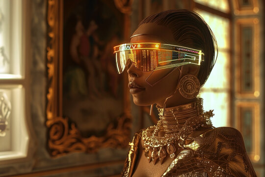 Cyber-borg woman juxtaposed with classical art, a fusion of tradition and futurism