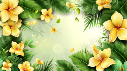 Tropical Plumeria Flowers and Greenery Background