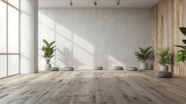Modern empty yoga studio interior with natural light.