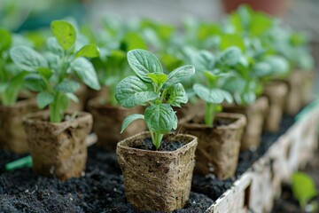 Seedlings in organic cups, close-up