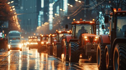 A line of red tractors with illuminated headlights parades down a city street at night, with reflections shimmering on the wet pavement, signaling a protest or unusual event
