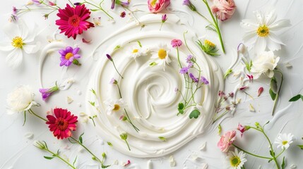 Floral arrangement with milk swirl in the middle. Flat lay composition with copy space