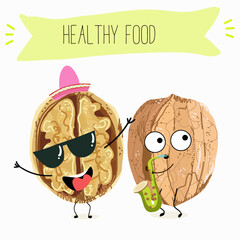 Cute  cartoon nut, walnut characters with different activities. Flat vector illustration, funny nuts. Organic food.