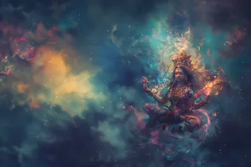 Fotobehang déesse hindoue Maa Saraswati, ou Sarasvati, déesse de la connaissance, de la musique, de l'eau qui coule, de l'abondance, de la richesse et de l'art, de la parole, de la sagesse et de l'apprentissage. © Noble Nature