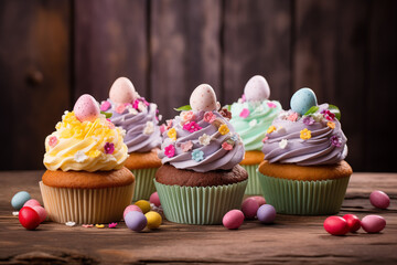 cupcake pour les fêtes de Pâques avec un glaçage royal coloré monté à la poche à douille avec en toping des petites fleurs en  pain azyme et petits œufs en sucre à la liqueur. Coloris pastel et bois - obrazy, fototapety, plakaty