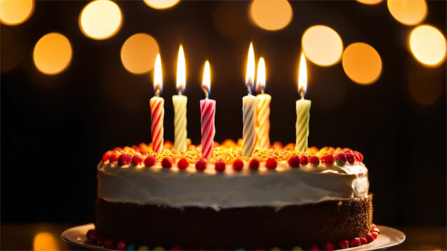 birthday cake with candles and blurred colorful lights on the background.