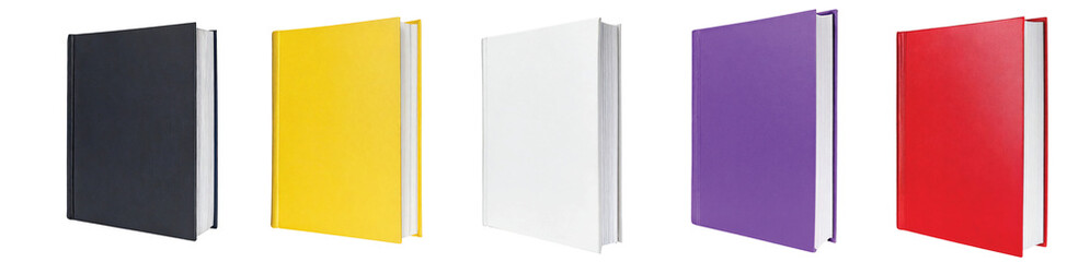 Set of book cover mockups. white, yellow, black, violet and red books. front and side view perspectives, template designs, isolated on a transparent background. PNG, cutout, or clipping path.	
