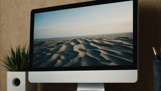 Desktop computer with desert on screen. Generated AI