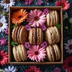 Colorful macaroons and flowers. Sweet macarons in gift box. Top view  ai technology