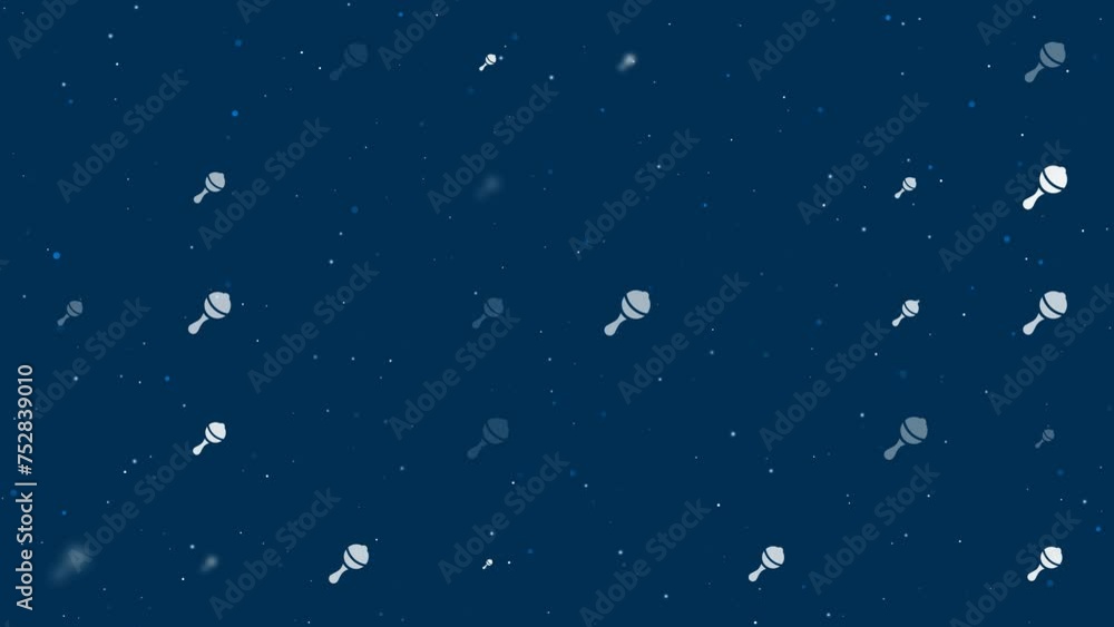 Poster template animation of evenly spaced baby rattle symbols of different sizes and opacity. animation of