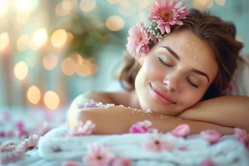 Crédence de cuisine en verre imprimé Spa Beautiful woman receiving relax massage at spa center