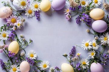 Naklejka na ściany i meble Easter eggs with daisies and chamomile flowers on blue background