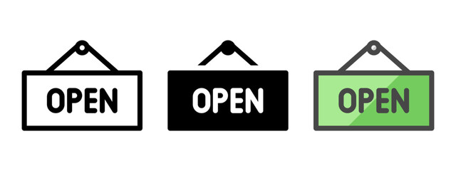 Multipurpose open sign vector icon in outline, glyph, filled outline style. Three icon style variants in one pack.