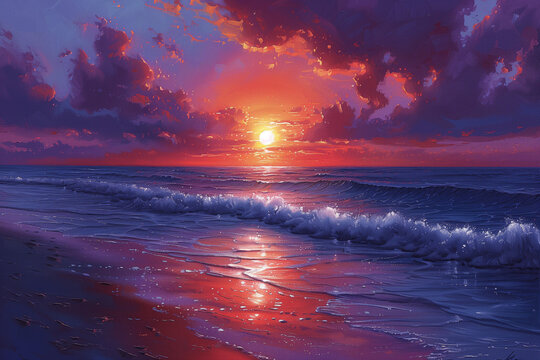 Fototapeta An oil painting of a sunset,the beaches, rainbowcore, y2k aesthetic, romantic emotivity