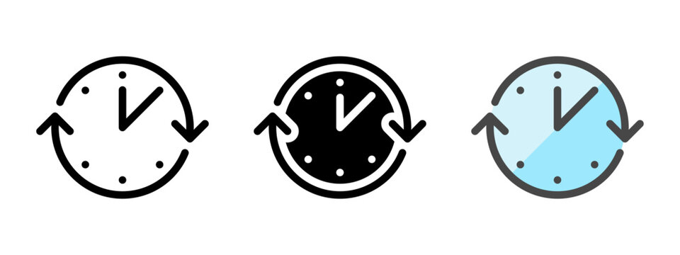 Multipurpose clock vector icon in outline, glyph, filled outline style. Three icon style variants in one pack.