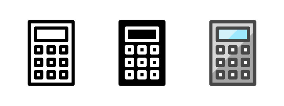 Multipurpose calculator vector icon in outline, glyph, filled outline style. Three icon style variants in one pack.