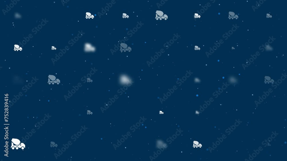 Poster template animation of evenly spaced concrete mixer truck symbols of different sizes and opacity. ani