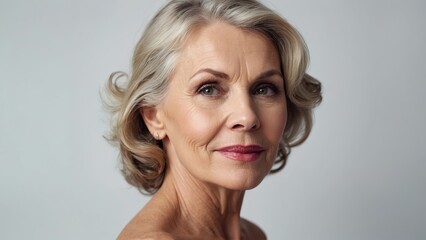 Beautiful 50s mid aged mature woman isolated on white background