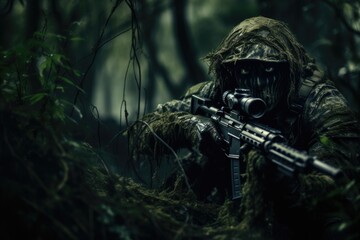 Man in the jungle with a machine gun. Dark forest. Selective focus, tries to aim and make a shot from the machine gun, AI generated - obrazy, fototapety, plakaty