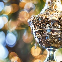 Macro shot of intricate details on a trophy set against a blurred bokeh background