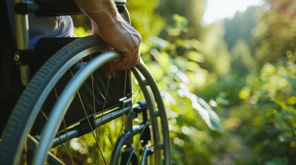 Close up shot of a disabled persons hands on wheelchair handles in a serene natural setting