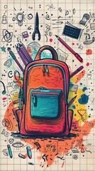 Unzip creativity with a backpack of supplies on a doodle-rich checkered paper background a vector tribute to the fusion of art