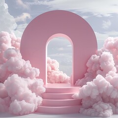 Ethereal pink 3D podium surrounded by soft clouds