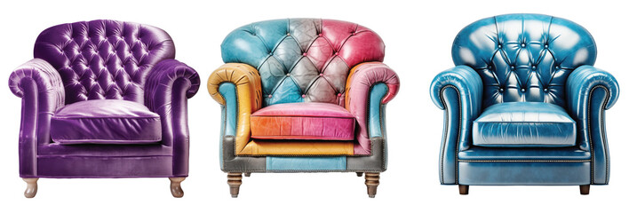 set of Different comfortable armchairs, blue, violet and colorful ,PNG, cutout, or clipping path
