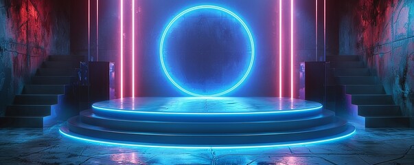 Blue neon light circles illuminate a 3D podium