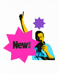 Poster. Contemporary art collage. Man with microphone holding hand pointing up with magenta and...