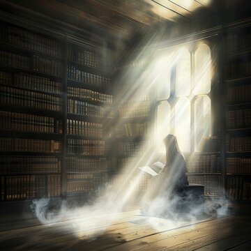 An old dusty library with rays of light illuminating a mysterious Bible a figure in contemplation